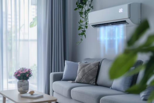 The stylish living room showcases a sleek air conditioner on the wall, complemented by a cozy couch and tasteful decor elements.