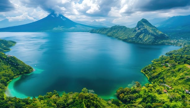 Stunning aerial view of lake atitlan with its deep blue water surrounded by lush green hills and majestic volcanoes in the background