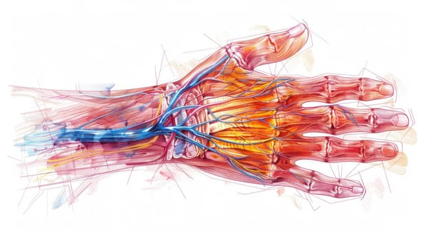 Detailed anatomical illustration of a human hand showing the arrangement of bones, muscles, tendons, ligaments, veins and arteries
