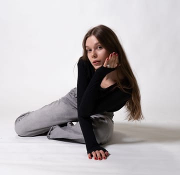 model fresh smile fashion romantic bouquet jeans girl female natural day beautiful happy hair white