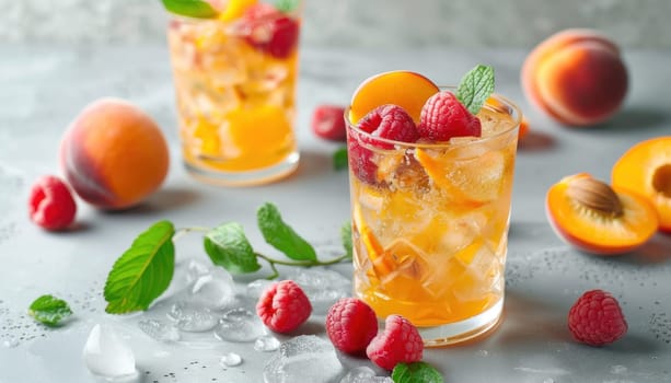 Two glasses of refreshing peach iced tea with raspberries and mint on a gray background