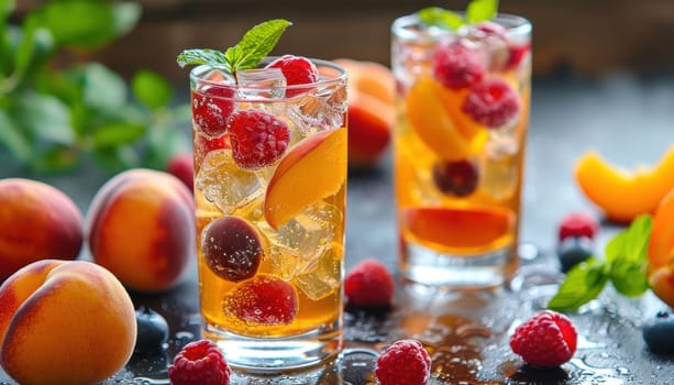 Glasses filled with refreshing peach iced tea, decorated with fresh raspberries, peaches and mint