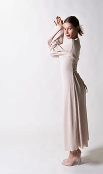 model young beauty lady elegant style woman dress fashion white beautiful studio attractive