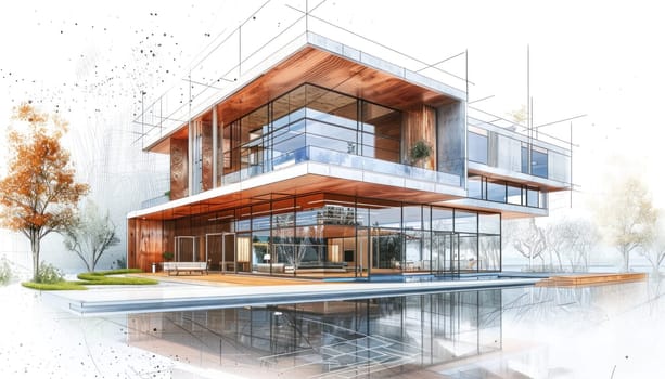 Modern and luxurious villa is being built with an architectural sketch overlapping the image
