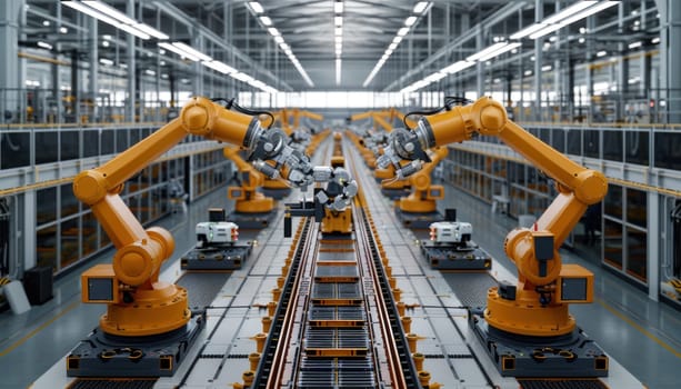 Row of robotic arms working on a production line in a car factory