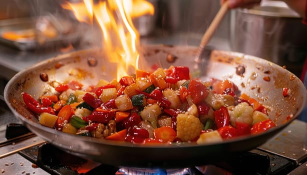 Chef preparing asian food with flames coming out from wok pan in restaurant kitchen