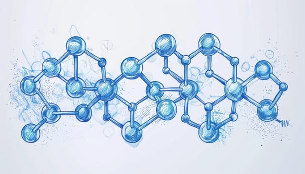 Blue hand drawn chemical bonds forming a molecular structure