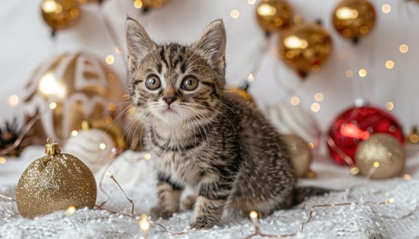 Adorable tabby kitten sitting on a white blanket and surrounded by christmas decorations