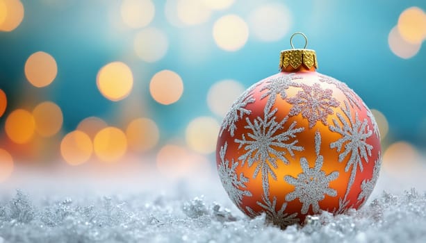 Orange christmas ornament with silver snowflakes is resting on snow with sparkling bokeh lights in the background