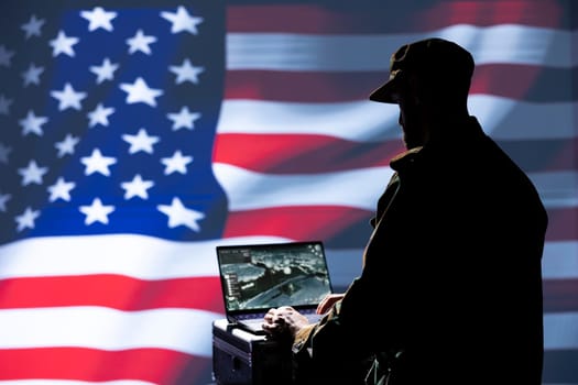 US Air Force dispatcher looking at surveillance transmission on device, relaying data to ground soldiers from control room using headset, isolated over United States flag background