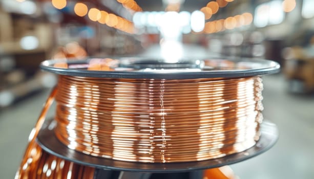 Large spool of copper wire sitting in a factory, industrial production of copper wires