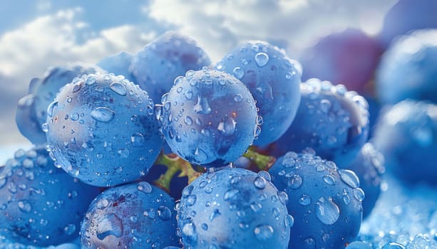 Close-up of blue grapes covered with water droplets under a blue sky
