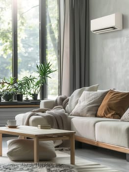 A stylish living room with a cozy sofa, fluffy blankets, and plenty of plants, illuminated by natural light streaming through the large windows.