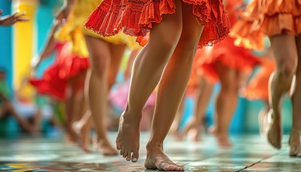 Barefoot female dancers wearing orange and yellow costumes are dancing on stage
