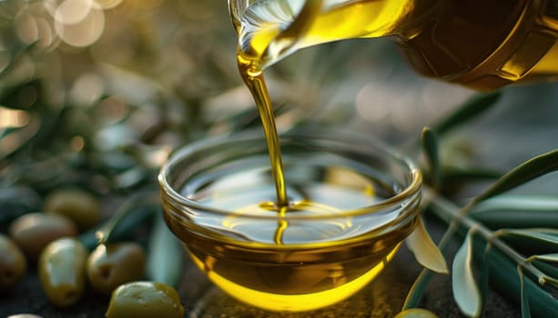 Golden olive oil being poured from a jar into a bowl, surrounded by fresh olives and olive branches, evoking a sense of freshness and quality