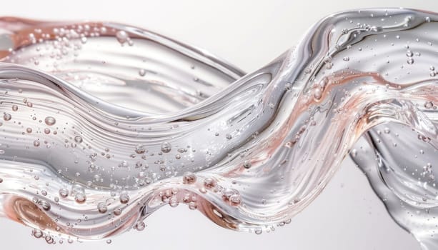 Transparent cosmetic gel cream with bubbles flowing on white background