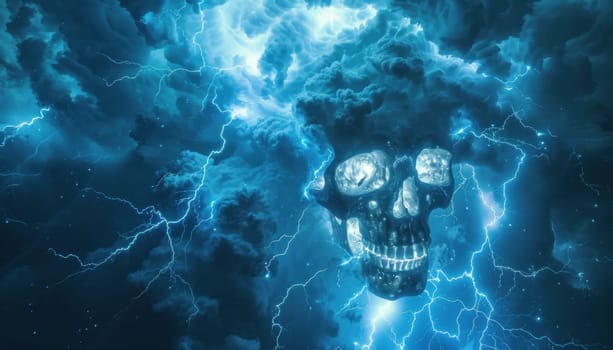 Skull surrounded by storm clouds and lightning bolts, symbolizing death and the power of nature
