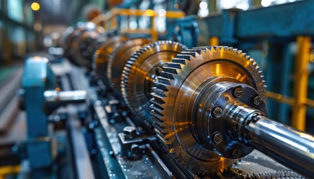 Closeup of industrial gears meshing and rotating in a factory setting