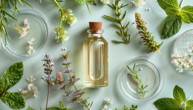 Essential oil being developed in laboratory using natural herbs and flowers