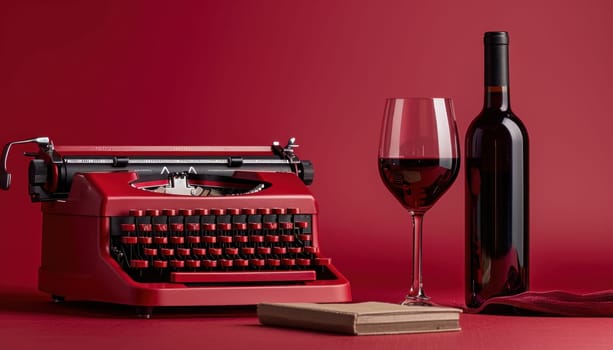 Red vintage typewriter is standing on a desk with a glass and a bottle of wine, inspiring a writing session