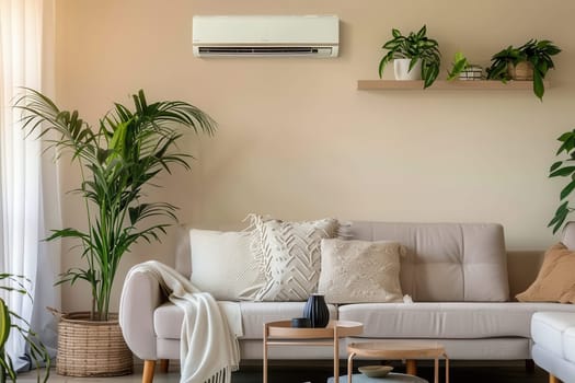 A chic living room features a light-colored sofa, decorative cushions, and vibrant indoor plants, complemented by a wall-mounted air conditioner.