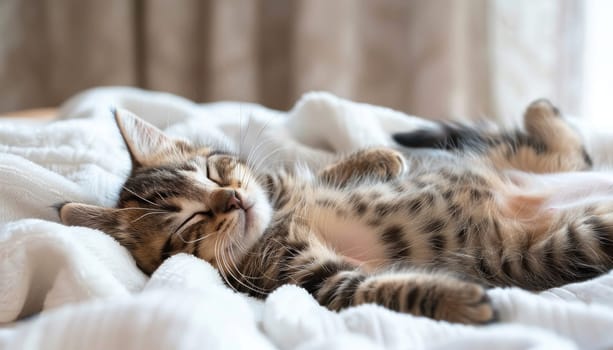 Adorable tabby kitten taking a nap on its back, enjoying the warmth and comfort of a soft white blanket
