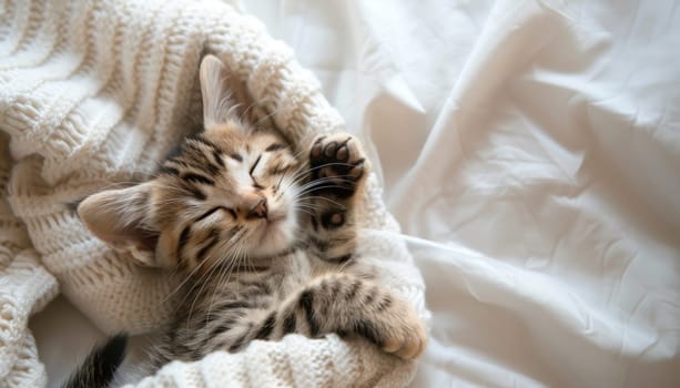 Cute tabby kitten sleeping on a white knitted blanket, showing its paws and enjoying a moment of peace