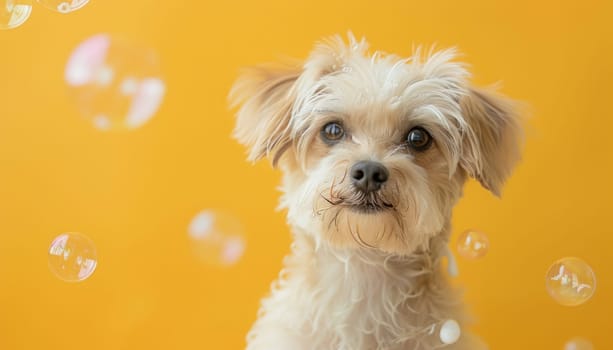 Portrait of a cute dog with soap bubbles surrounding its head on a yellow background