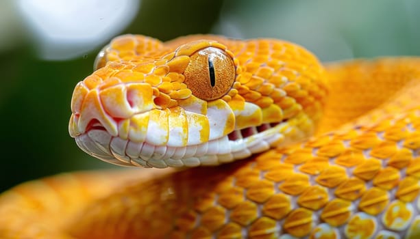 Close-up of a golden snake with bright scales and intense eyes resting on a branch