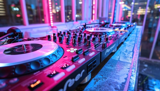 Professional dj setup with a mixer and turntables is glowing in a nightclub, waiting for the dj to start mixing music