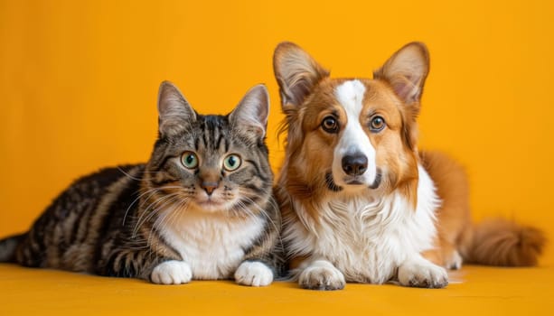 Tabby cat and a pembroke welsh corgi dog are lying on a yellow background