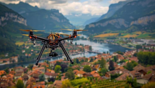 Drone is flying and recording aerial footage of a small town in the swiss alps