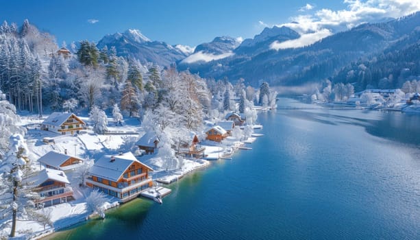Beautiful winter landscape with snowy mountains, a blue lake and traditional wooden houses on the lakeshore