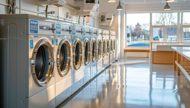Washing machines are standing in a row in an empty and modern laundry room with sunlight coming in from the window