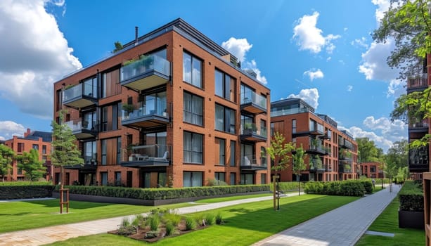 Modern apartment buildings with brick facade and balconies standing in a row in green residential area
