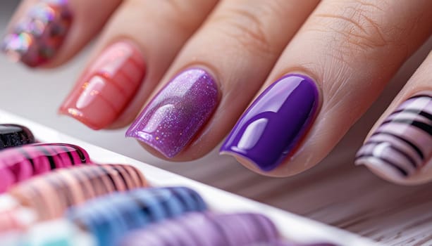 Beautician showing colorful nail polish manicure palette on blurred background