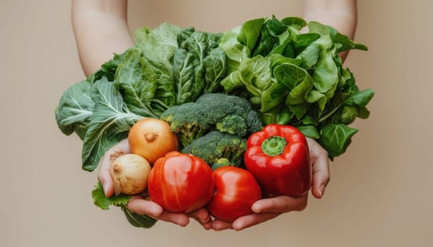 Hands holding fresh organic vegetables including tomatoes, broccoli, and lettuce