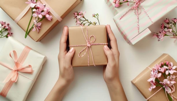 Woman holding a gift decorated with pink string and flowers, surrounded by similar presents on a white table