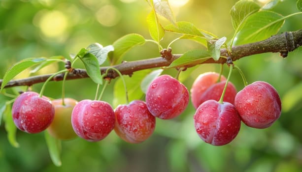 Ripe juicy plums hanging from a tree branch in an orchard on a sunny day