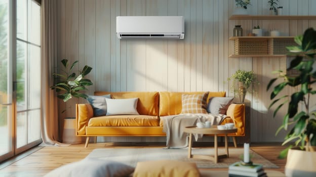 A contemporary living room features a bright orange sofa, plants, and an air conditioner mounted on the wall, creating a cozy and inviting atmosphere.