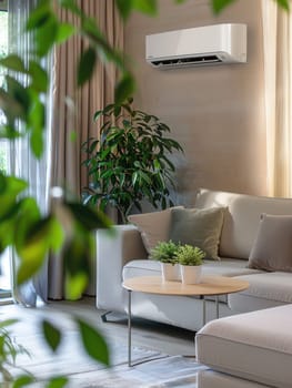 A contemporary living room showcases comfortable seating, indoor plants, and a wall-mounted air conditioner enhancing the inviting atmosphere.