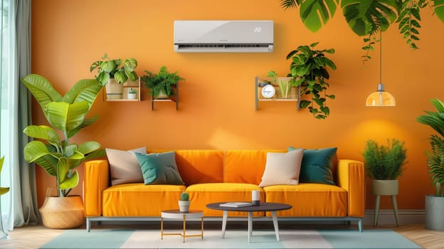 A contemporary living room features a bright orange wall, a cozy sofa with colorful pillows, and an air conditioner, all enhanced by lush indoor plants.