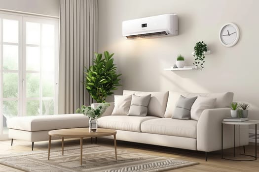 A modern living room showcases a cozy sofa, elegant plants, and an air conditioner on the wall, creating a comfortable and inviting atmosphere.