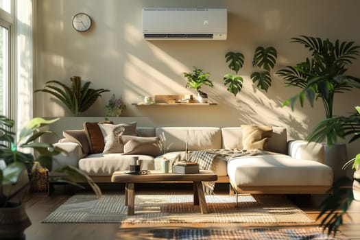 A modern living room features a cozy sofa, wooden coffee table, and vibrant indoor plants under bright sunlight, enhanced by a wall-mounted air conditioner.