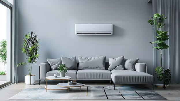 A modern living room showcases a sleek sofa, decorative plants, and a wall-mounted air conditioner, creating a comfortable and stylish atmosphere.