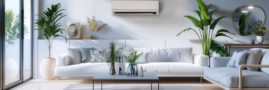 The welcoming living room features a plush sofa, greenery, and a sleek air conditioner mounted on the wall, creating a comfortable atmosphere.