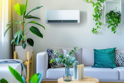 A modern living room features a cozy couch, decorative pillows, lush plants, and an air conditioner mounted on the wall, creating a comfortable atmosphere.