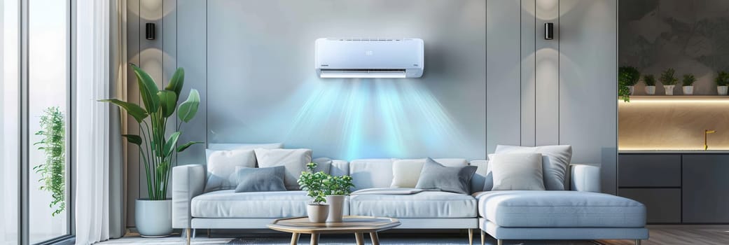 A stylish living room features a wall-mounted air conditioner, plush furniture, and indoor plants, creating a refreshing and inviting atmosphere for relaxation.