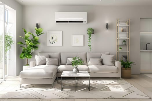 This contemporary living room features a sleek air conditioner, plush seating, and vibrant indoor plants to create a fresh, inviting atmosphere.
