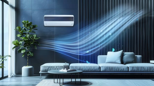 A stylish modern living room features a cozy sofa, potted plant, and a wall-mounted air conditioner providing comfort and elegance.